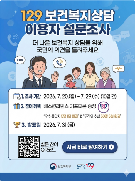20일부터 열흘간 '129 보건복지상담 이용자 설문조사' 실시